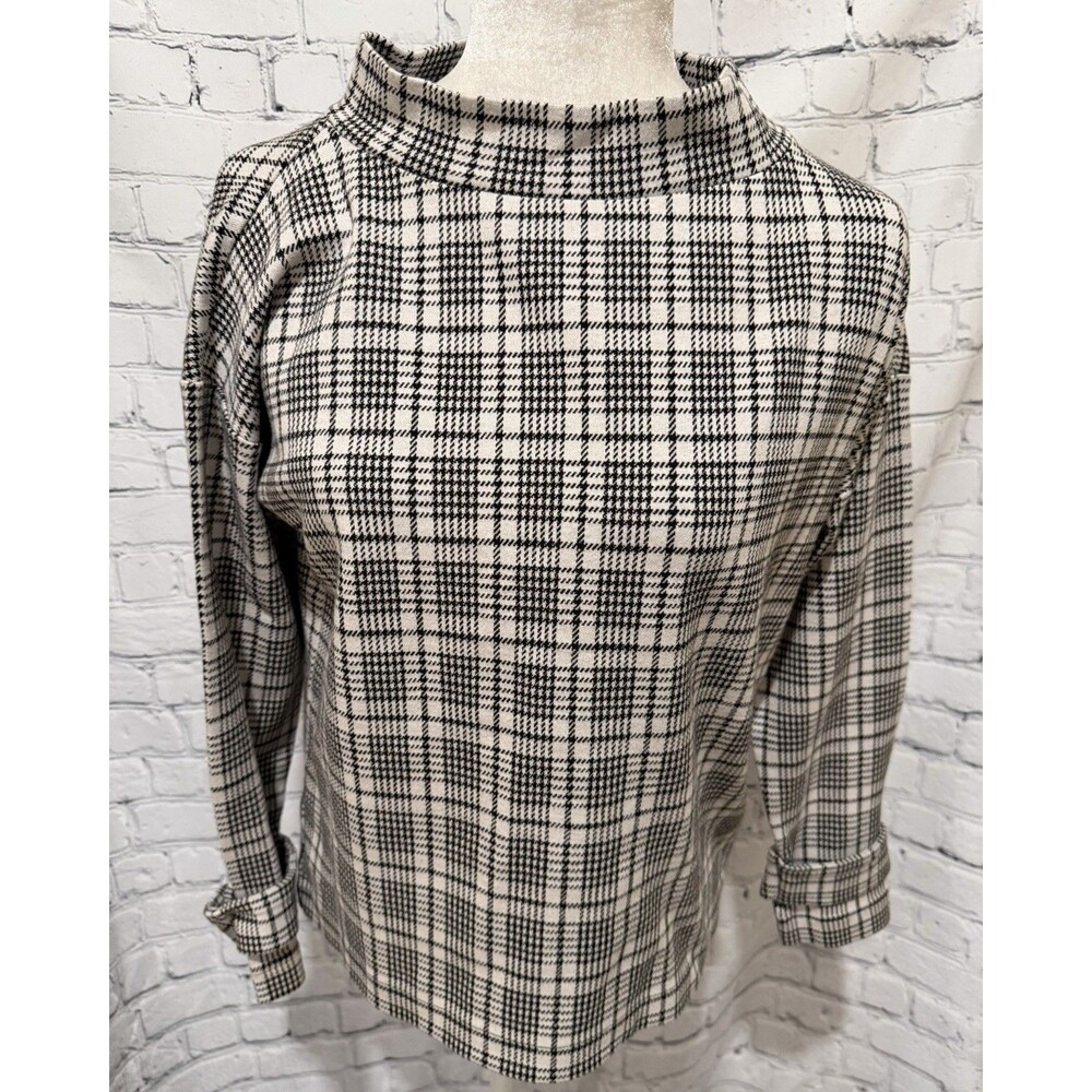 Ann Taylor long-sleeve mock neck blouse black and white plaid Top Size XS